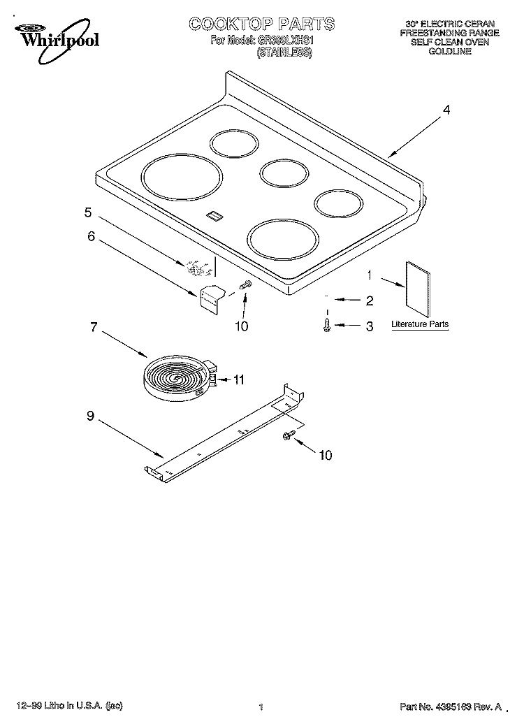 COOKTOP, LITERATURE Diagram and Parts List for GR399LXHS1  Whirlpool Range