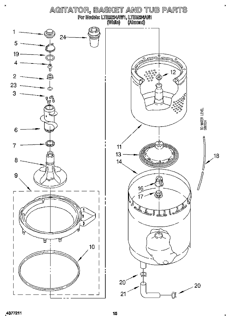 AGITATOR, BASKET AND TUB Diagram and Parts List for LTE6234AW1  Whirlpool Washer Dryer Combo