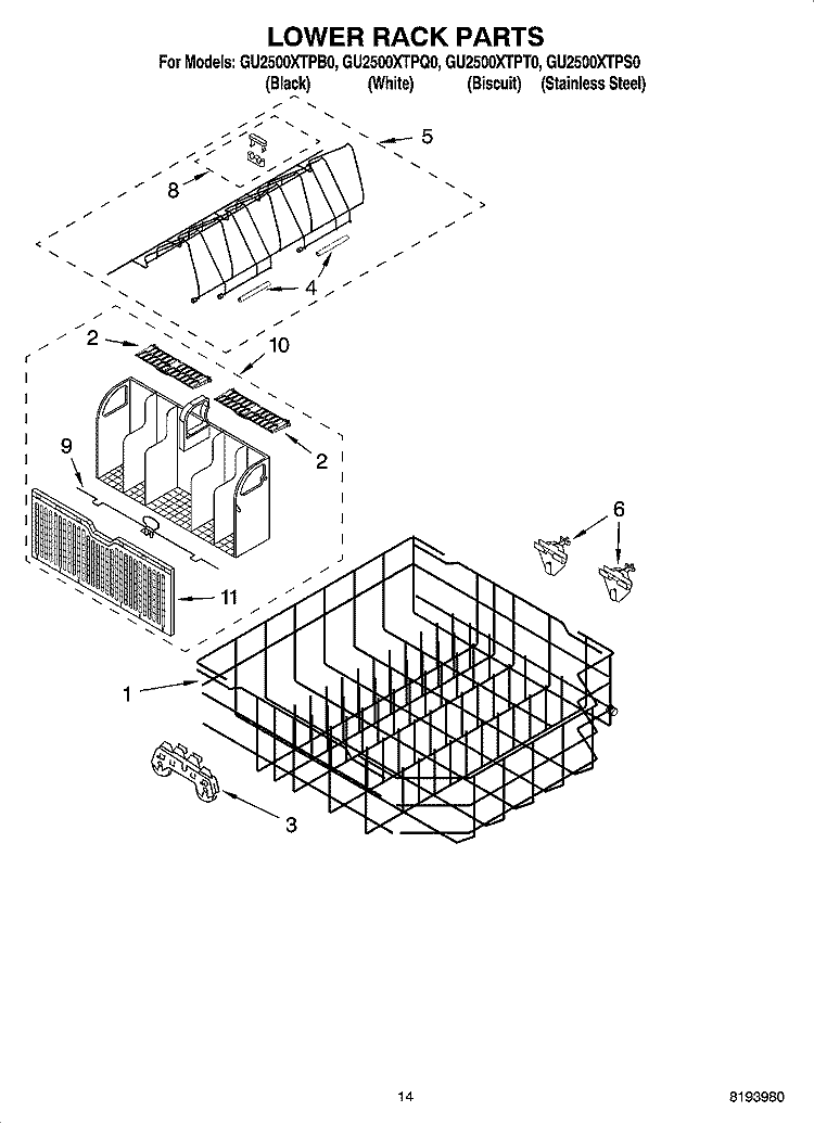 LOWER RACK PARTS Diagram and Parts List for GU2500XTPS0  Whirlpool Dishwasher