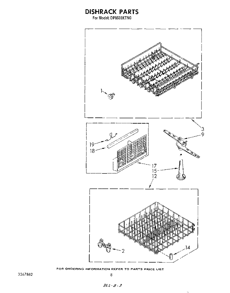 DISHRACK Diagram and Parts List for DP8500XTN0  Whirlpool Dishwasher
