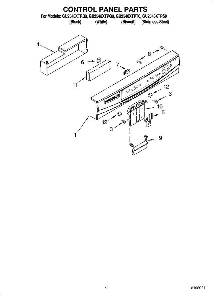 CONTROL PANEL PARTS Diagram and Parts List for GU2548XTPS0  Whirlpool Dishwasher