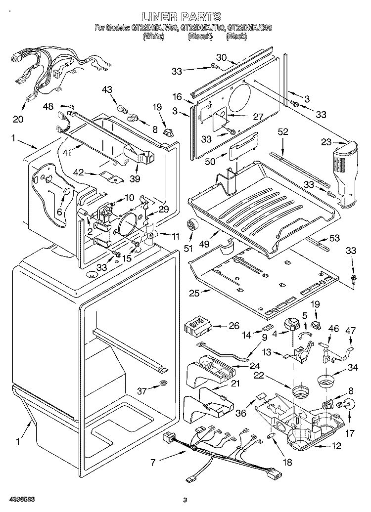 LINER Diagram and Parts List for GT22DMXJW00  Whirlpool Refrigerator