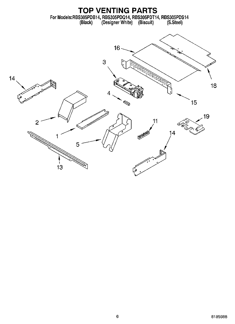 TOP VENTING Diagram and Parts List for RBS305PDB14  Whirlpool Wall Oven
