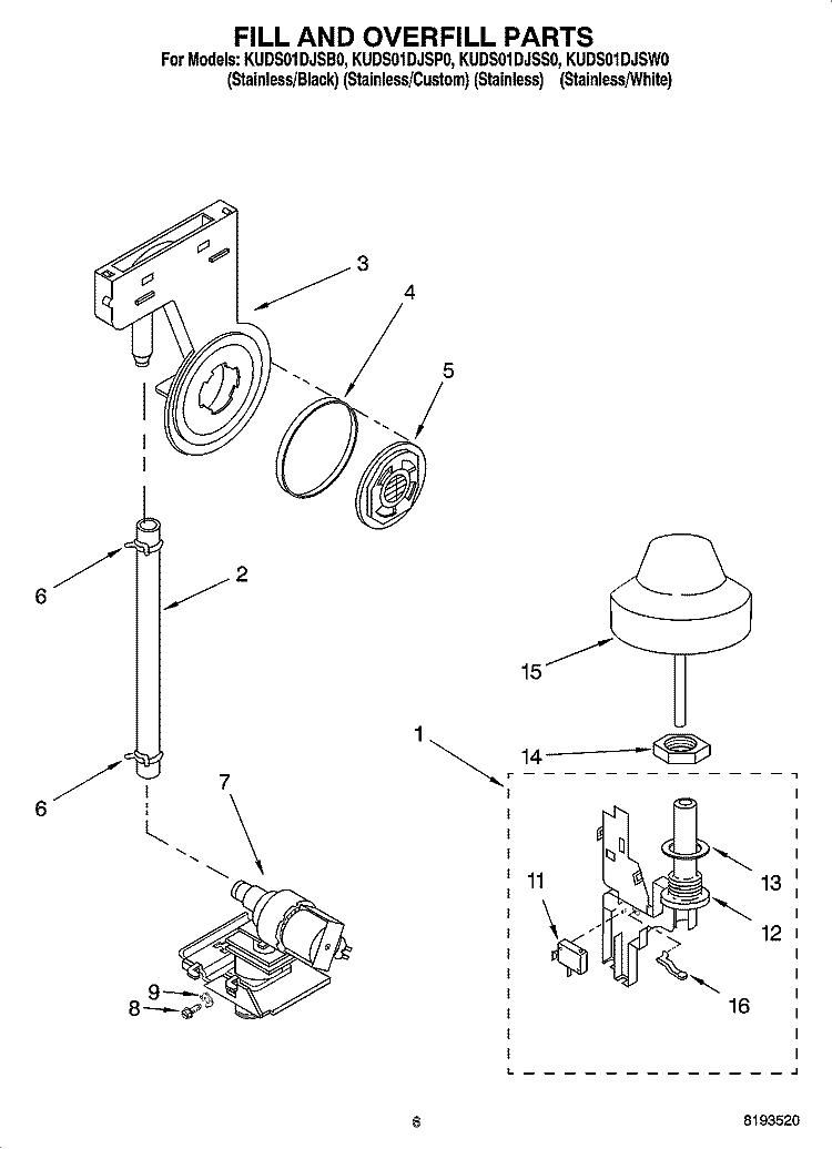 FILL AND OVERFILL PARTS Diagram and Parts List for KUDS01DJSP0  KitchenAid Dishwasher