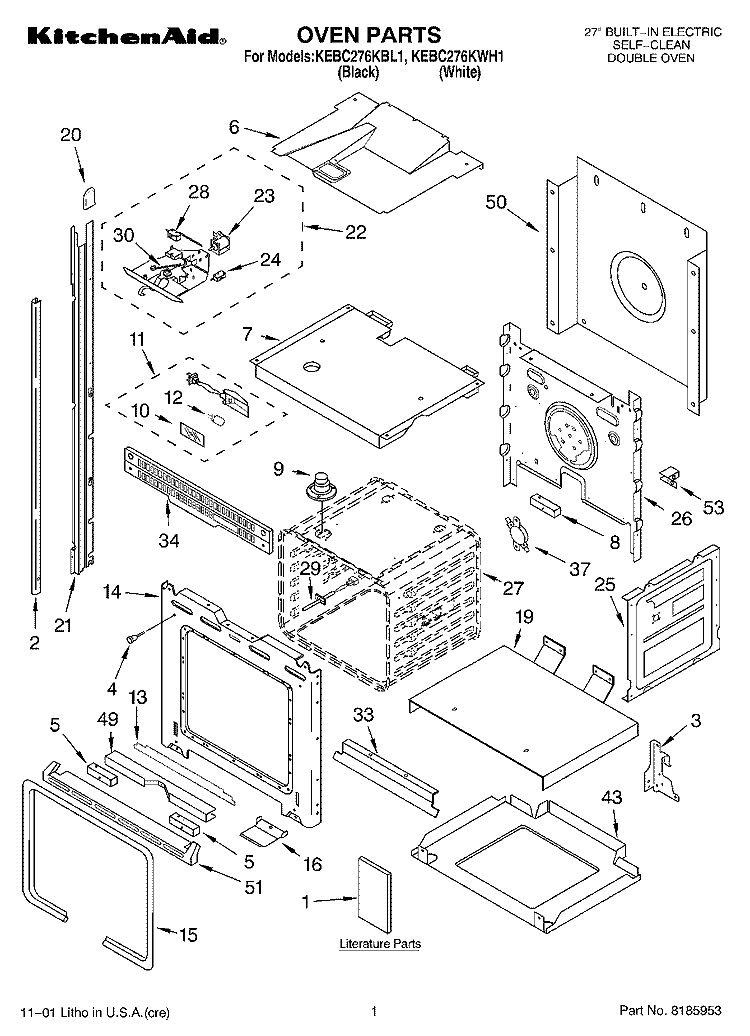 OVEN, LITERATURE Diagram and Parts List for KEBC276KWH1  KitchenAid Wall Oven