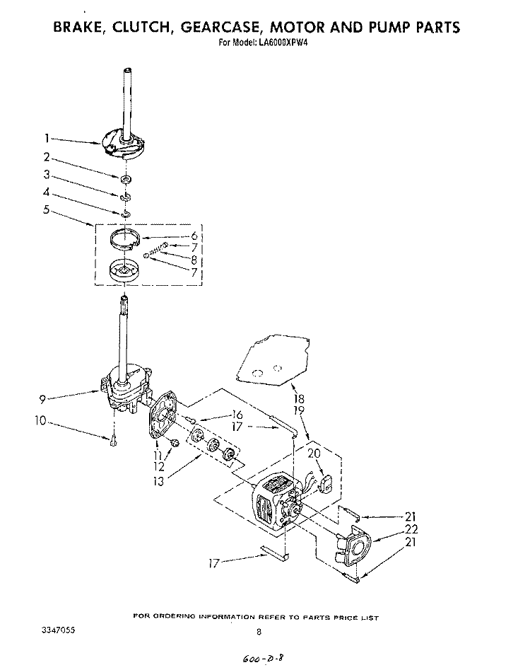 BRAKE, CLUTCH, GEARCASE, MOTOR AND PUMP Diagram and Parts List for LA6000XPW4  Whirlpool Washer