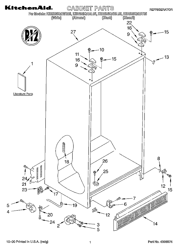 CABINET, LITERATURE Diagram and Parts List for KSRS25QGWH05  KitchenAid Refrigerator