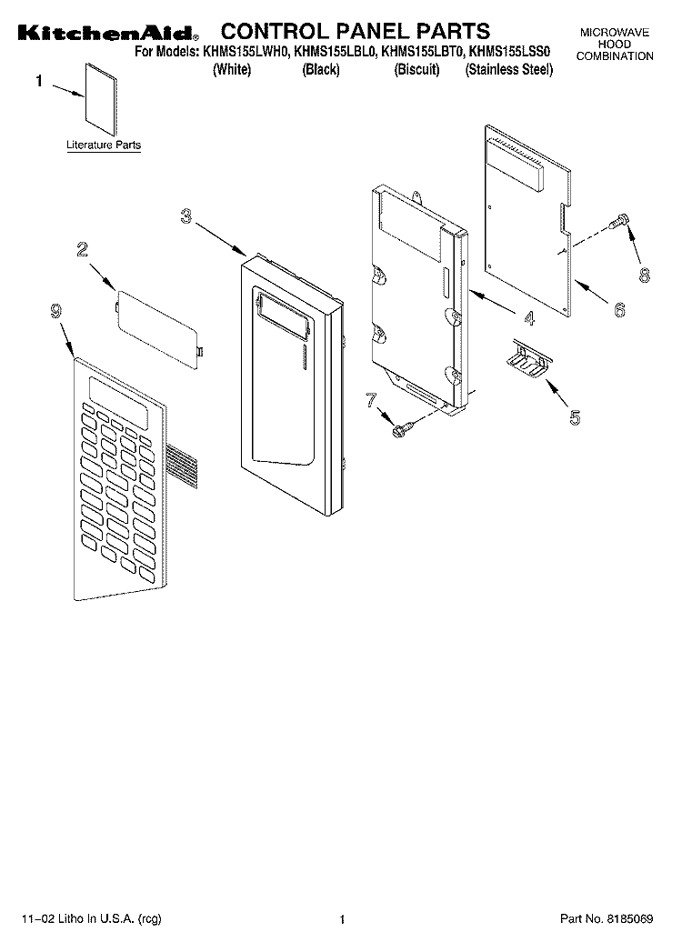 CONTROL PANEL, LITERATURE Diagram and Parts List for KHMS155LBT0  KitchenAid Microwave