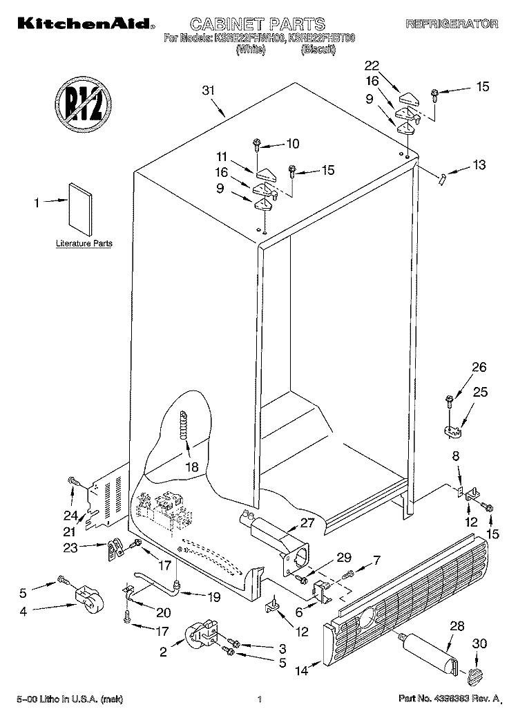 CABINET, LITERATURE Diagram and Parts List for KSRE22FHBT00  KitchenAid Refrigerator