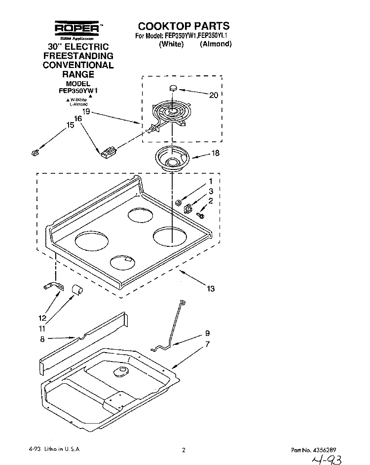 COOKTOP Diagram and Parts List for FEP350YW1  Roper Range