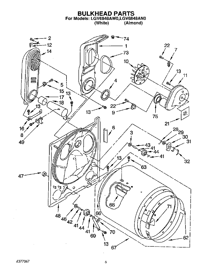 BULKHEAD Diagram and Parts List for LGV6848AN0  Whirlpool Dryer