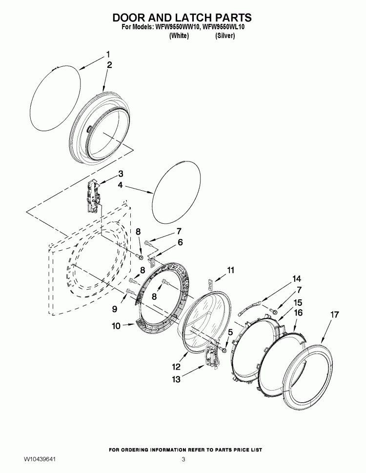 DOOR AND LATCH PARTS Diagram and Parts List for WFW9550WL10  Whirlpool Washer