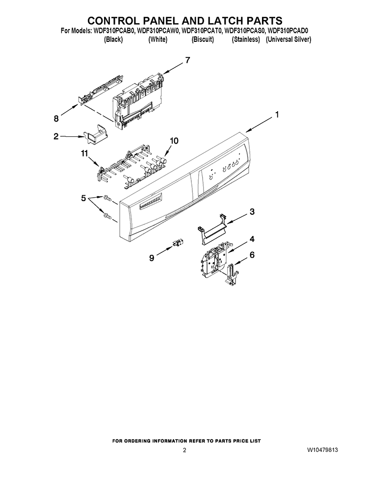 CONTROL PANEL AND LATCH PARTS Diagram and Parts List for WDF310PCAT0  Whirlpool Dishwasher