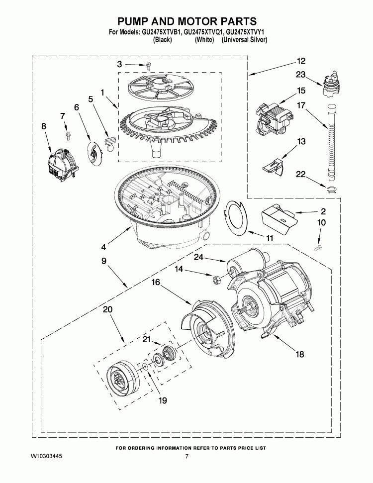 PUMP AND MOTOR PARTS Diagram and Parts List for GU2475XTVY1  Whirlpool Dishwasher