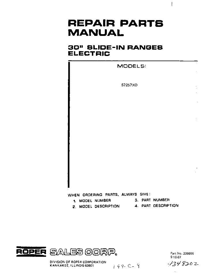 MAIN TOP Diagram and Parts List for S7257X0  Roper Range