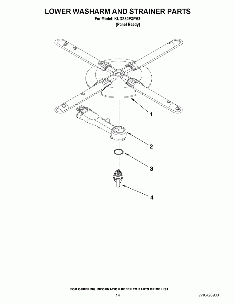 LOWER WASHARM AND STRAINER PARTS Diagram and Parts List for KUDS30FXPA3  KitchenAid Dishwasher