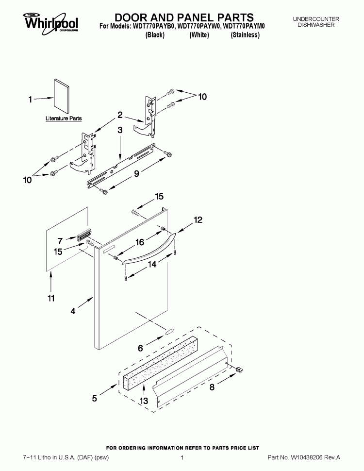 DOOR AND PANEL PARTS Diagram and Parts List for WDT770PAYW0  Whirlpool Dishwasher