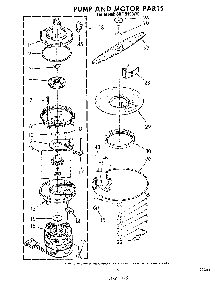 PUMP AND MOTOR Diagram and Parts List for SHF5500W0  Whirlpool Dishwasher