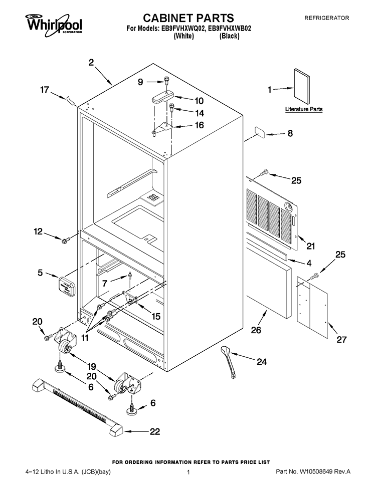 CABINET PARTS Diagram and Parts List for EB9FVHXWQ02  Whirlpool Refrigerator