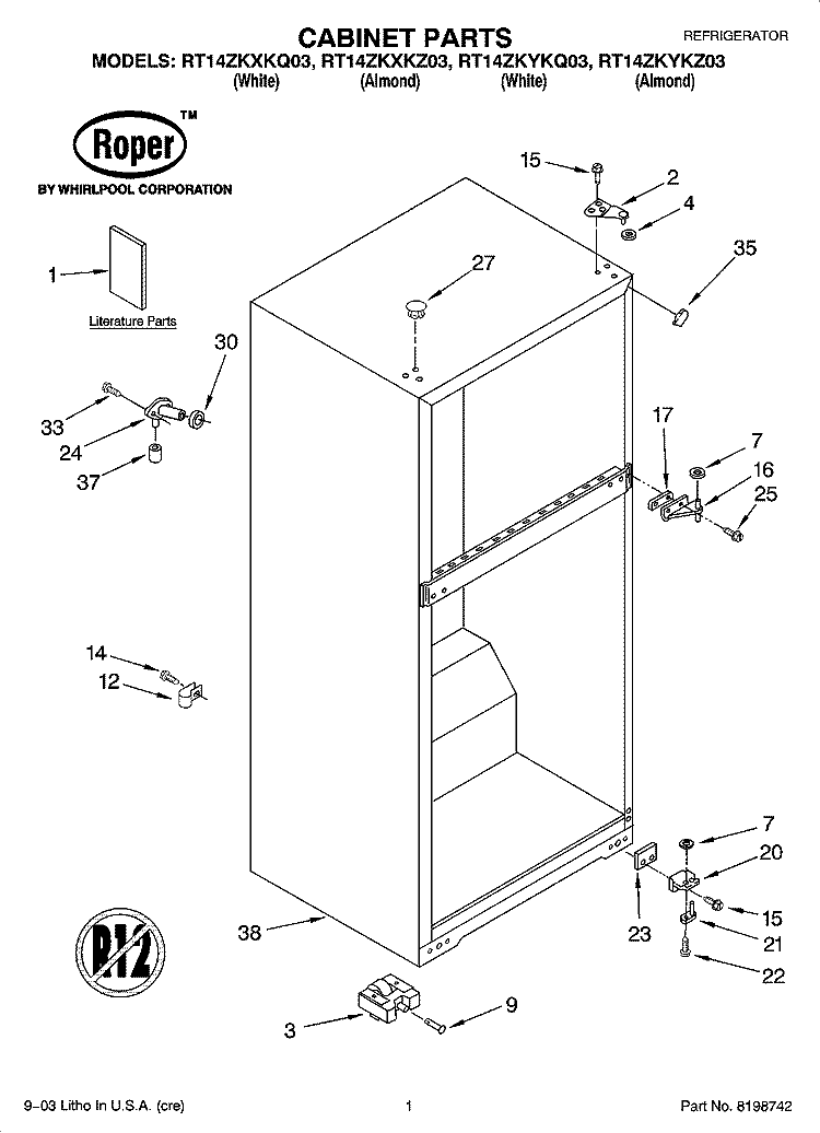 CABINET PARTS Diagram and Parts List for RT14ZKYKZ03  Roper Refrigerator
