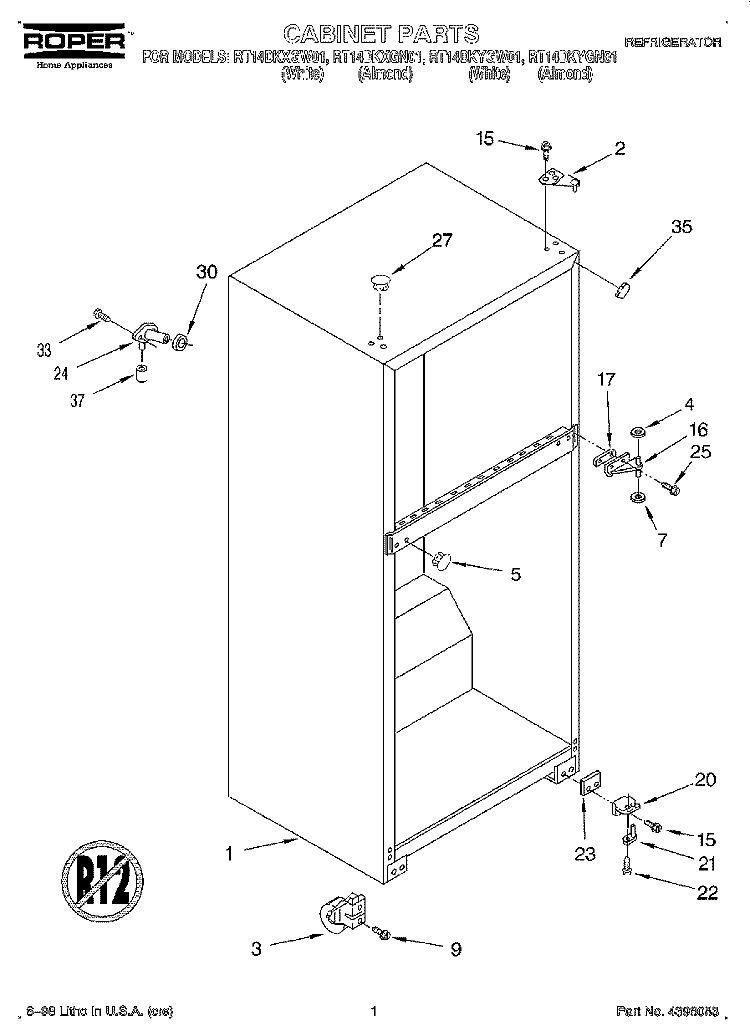 CABINET Diagram and Parts List for RT14DKYGW01  Roper Refrigerator