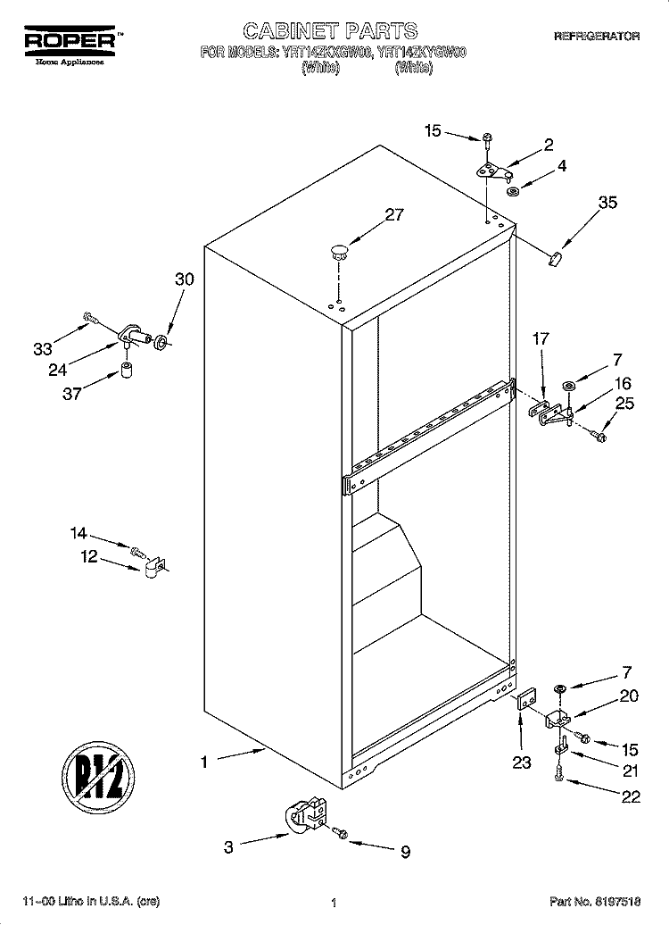 CABINET PARTS Diagram and Parts List for YRT14ZKXGW00  Roper Refrigerator