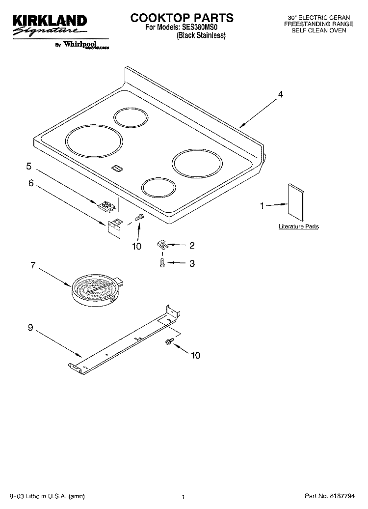 COOKTOP PARTS Diagram and Parts List for SES380MS0  Whirlpool Range