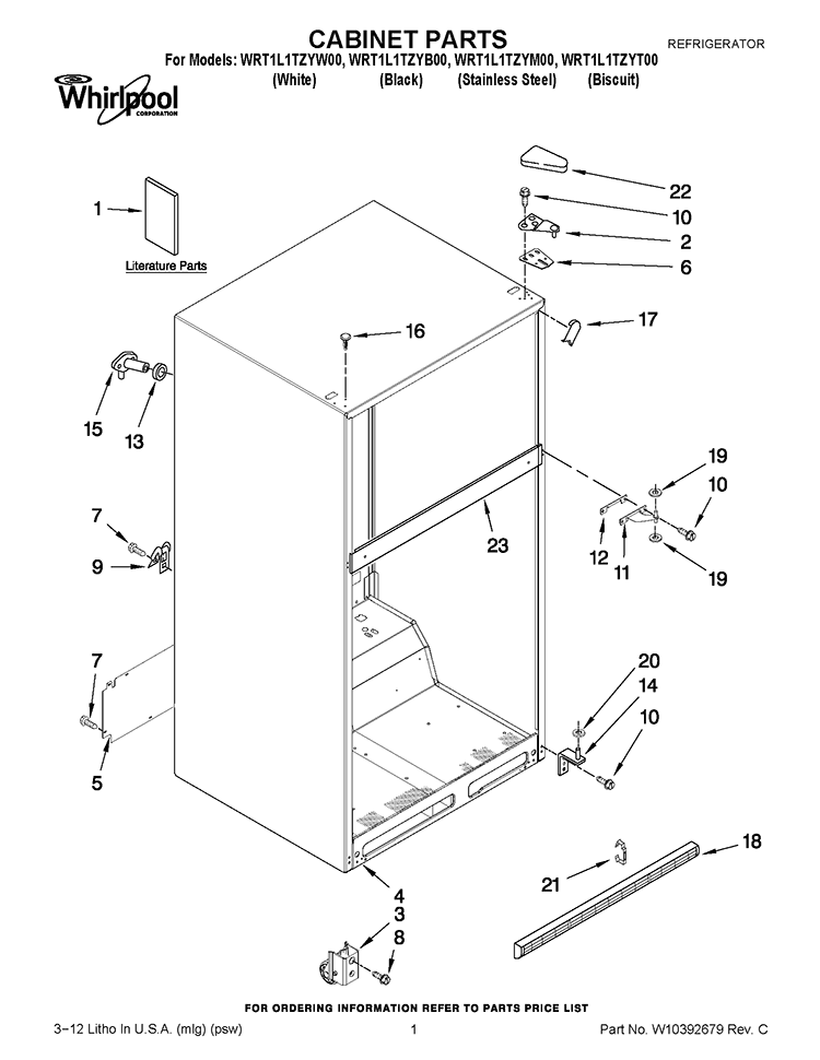 CABINET PARTS Diagram and Parts List for WRT1L1TZYM00  Whirlpool Refrigerator