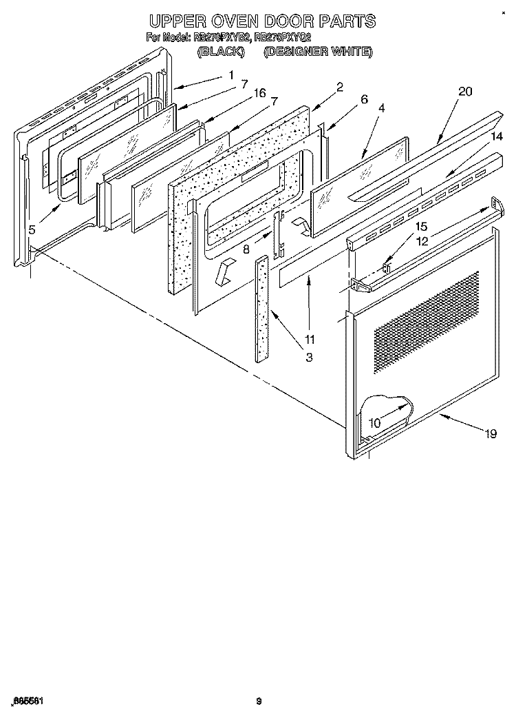 UPPER OVEN DOOR Diagram and Parts List for RB270PXYB2  Whirlpool Wall Oven