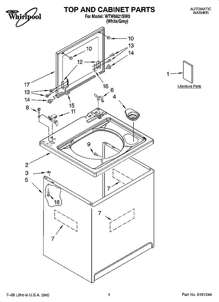 TOP AND CABINET PARTS Diagram and Parts List for WTW5821SW0  Whirlpool Washer