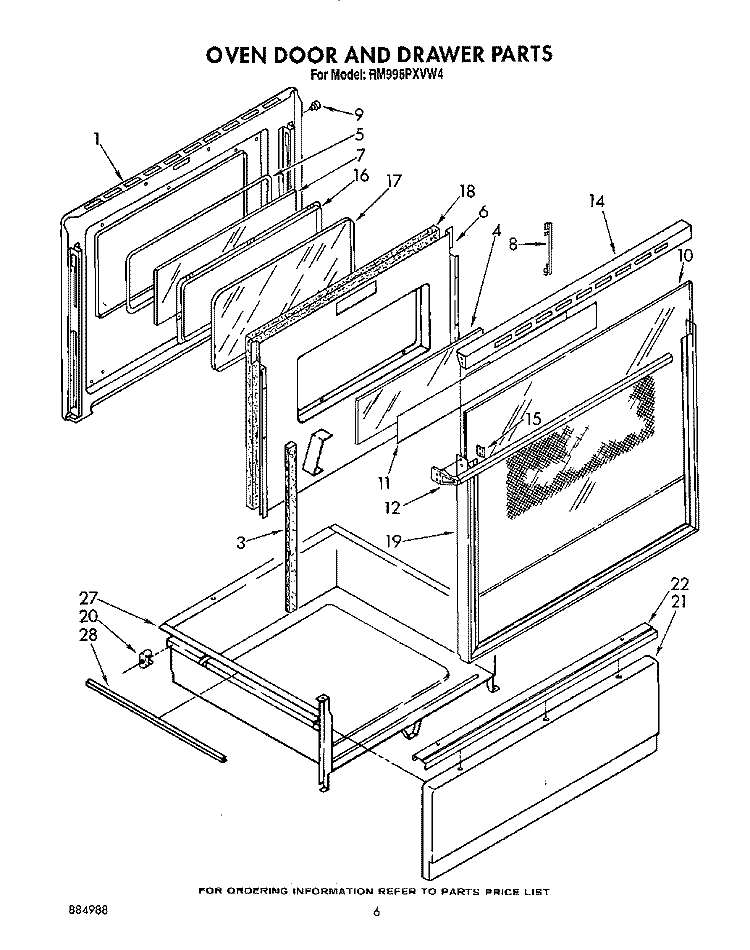 OVEN DOOR AND DRAWER Diagram and Parts List for RM996PXVW4  Whirlpool Microwave Oven Combo