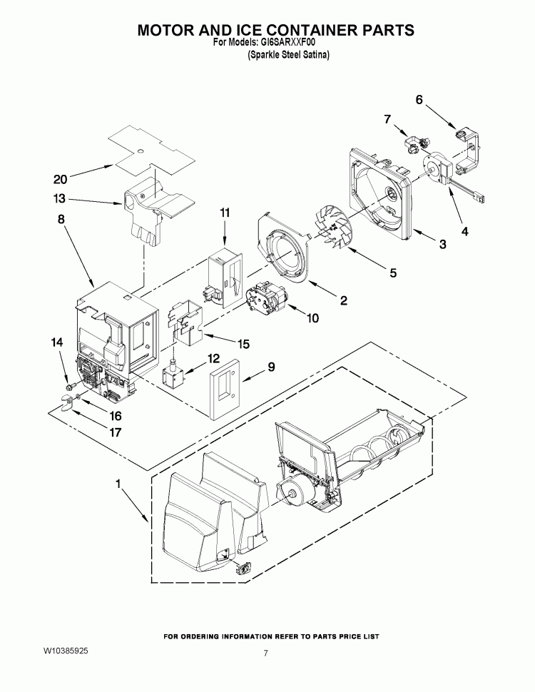 MOTOR AND ICE CONTAINER PARTS Diagram and Parts List for GI6SARXXF00  Whirlpool Refrigerator