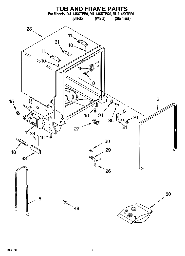TUB AND FRAME PARTS Diagram and Parts List for DU1145XTPS0  Whirlpool Dishwasher