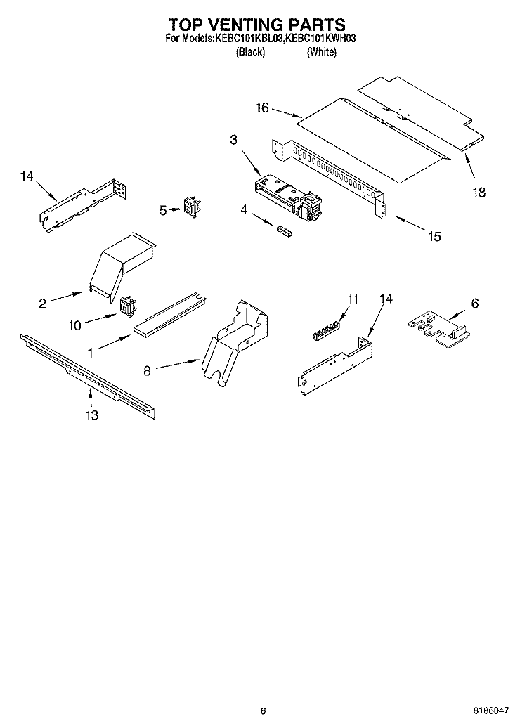 TOP VENTING PARTS, MISCELLANEOUS PARTS Diagram and Parts List for KEBC101KWH03  KitchenAid Wall Oven