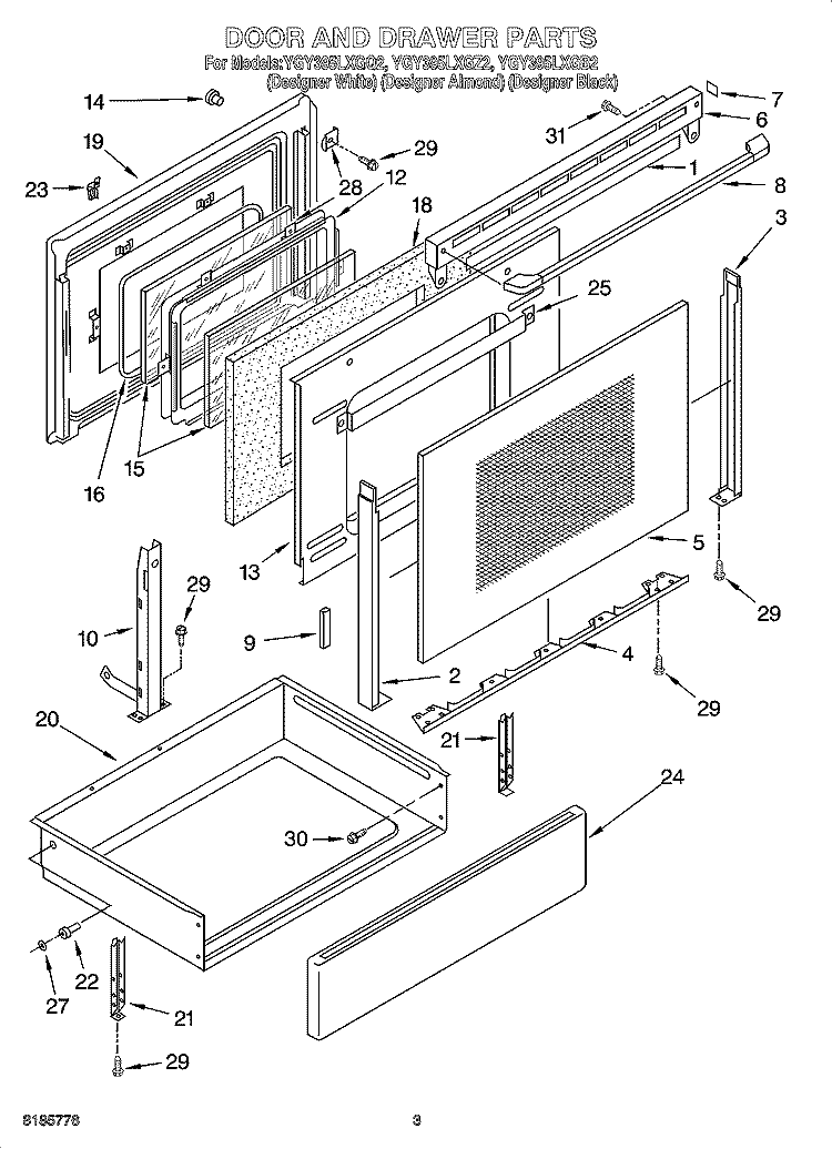 DOOR AND DRAWER PARTS Diagram and Parts List for YGY395LXGQ2  Whirlpool Range