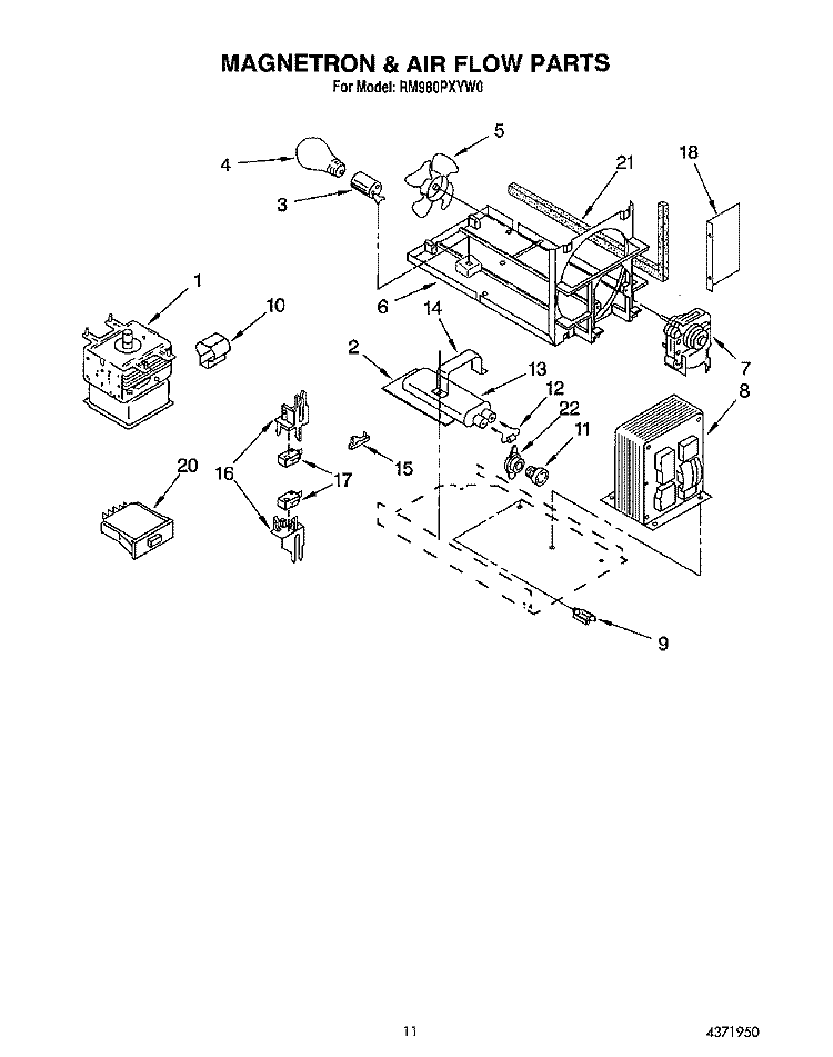 MAGNETRON AND AIR FLOW Diagram and Parts List for RM980PXYN0  Whirlpool Microwave Oven Combo