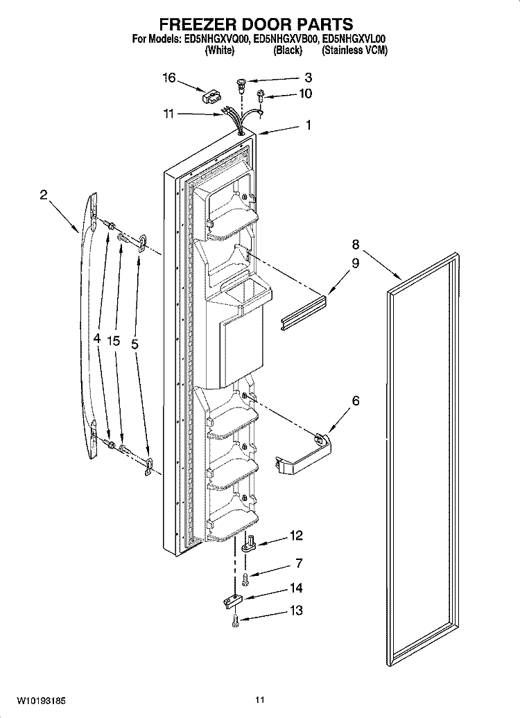 FREEZER DOOR PARTS Diagram and Parts List for ED5NHGXVQ00  Whirlpool Refrigerator