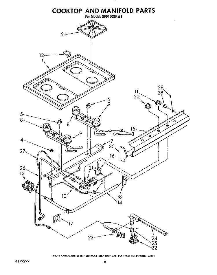 COOKTOP AND MANIFOLD, LIT/OPTIONAL Diagram and Parts List for SF0100SRW1  Whirlpool Range