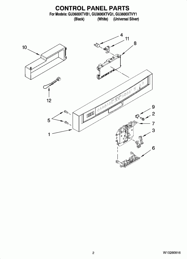 CONTROL PANEL PARTS Diagram and Parts List for GU3600XTVQ1  Whirlpool Dishwasher