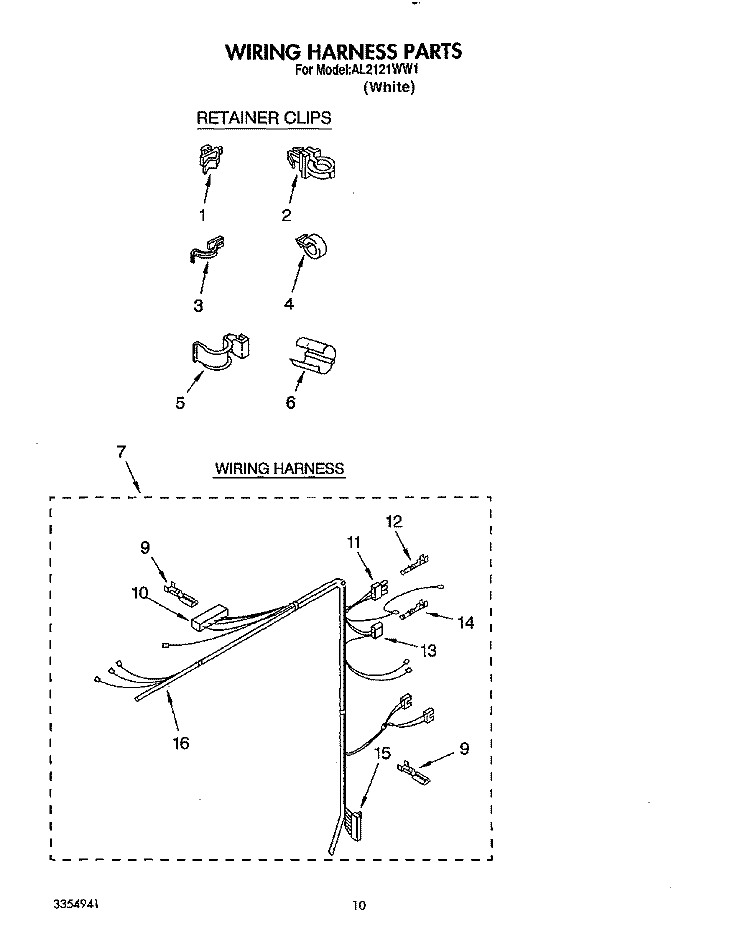 WIRING HARNESS Diagram and Parts List for AL2121WW1  Whirlpool Washer