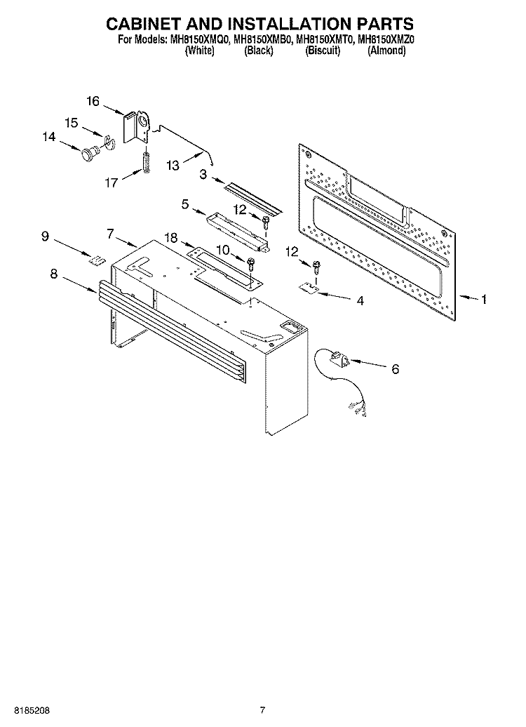 CABINET AND INSTALLATION PARTS Diagram and Parts List for MH8150XMB0  Whirlpool Microwave