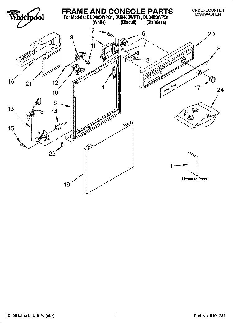 FRAME AND CONSOLE PARTS Diagram and Parts List for DU840SWPT1  Whirlpool Dishwasher