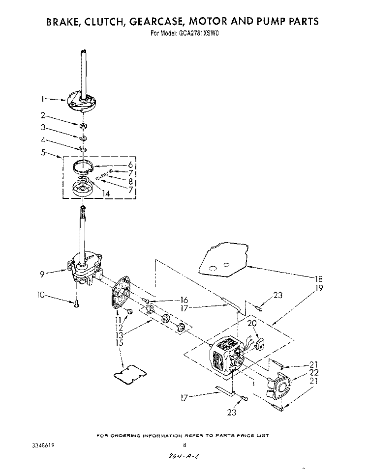 BRAKE, CLUTCH, GEARCASE, MOTOR AND PUMP Diagram and Parts List for GCA2781XSW0  Whirlpool Washer
