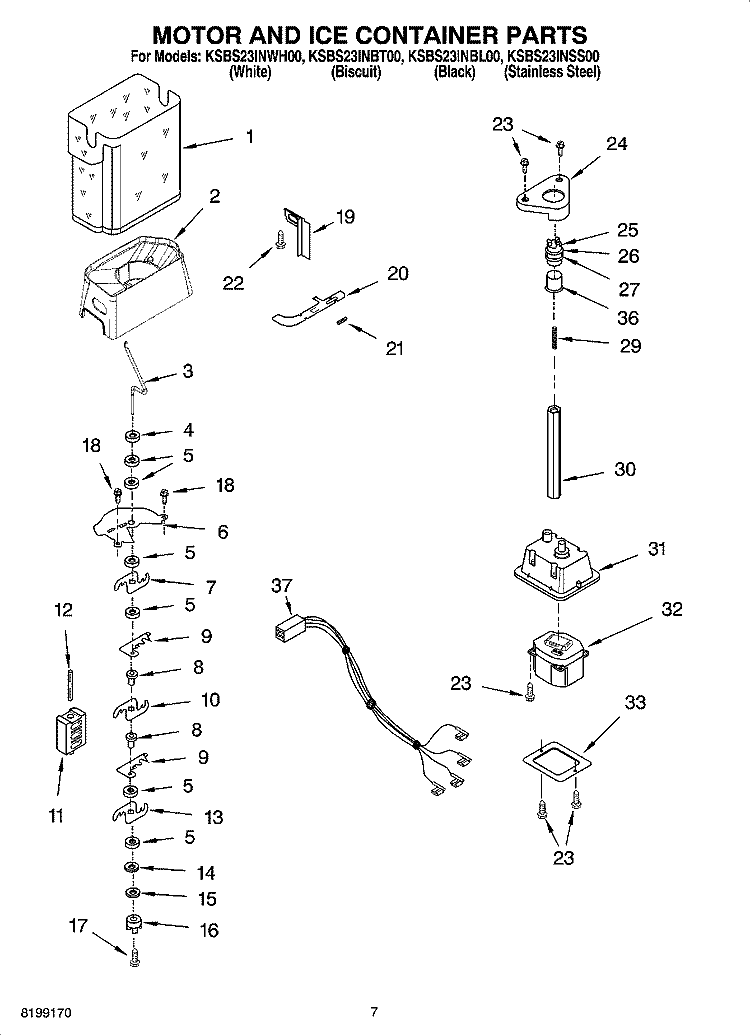 MOTOR AND ICE CONTAINER PARTS Diagram and Parts List for KSBS23INBL00  KitchenAid Refrigerator