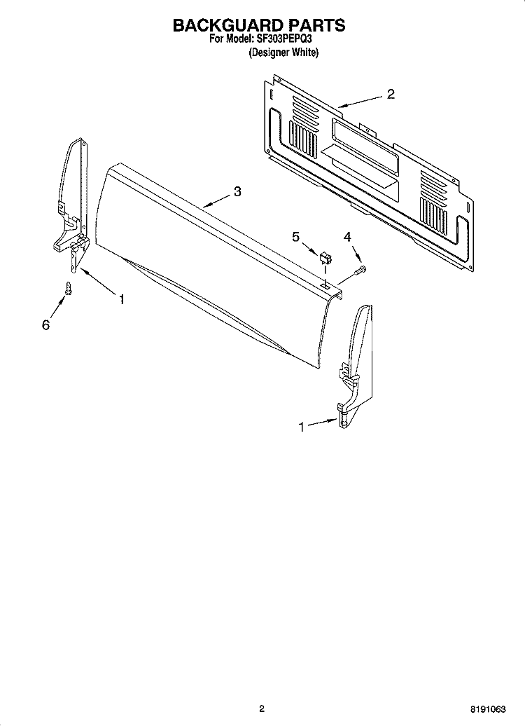 BACKGUARD PARTS Diagram and Parts List for SF303PEPQ3  Whirlpool Range