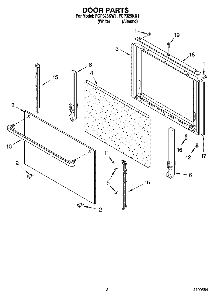 DOOR PARTS, MISCELLANEOUS PARTS Diagram and Parts List for FGP325KN1  Roper Range