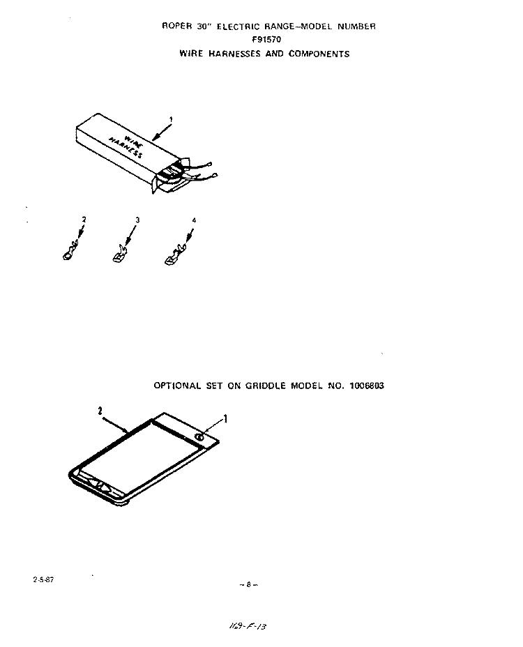 WIRE HARNESS , OPTIONAL GRIDDLE Diagram and Parts List for F9157W0  Roper Range