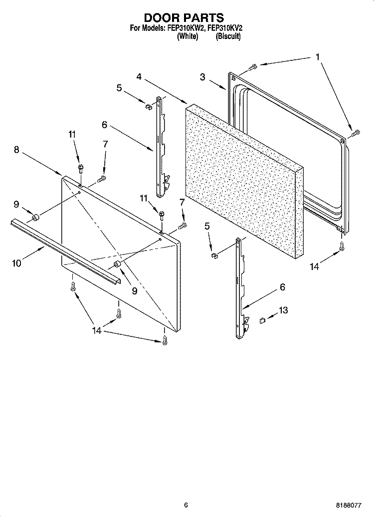 DOOR PARTS, OPTIONAL PARTS (NOT INCLUDED) Diagram and Parts List for FEP310KV2  Roper Range