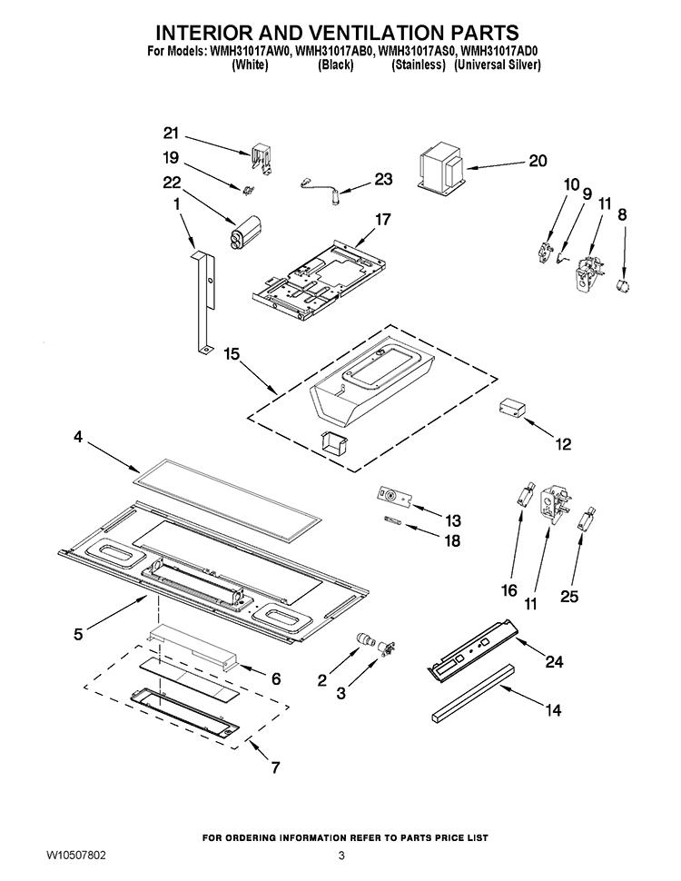 INTERIOR AND VENTILATION PARTS Diagram and Parts List for WMH31017AB0  Whirlpool Microwave