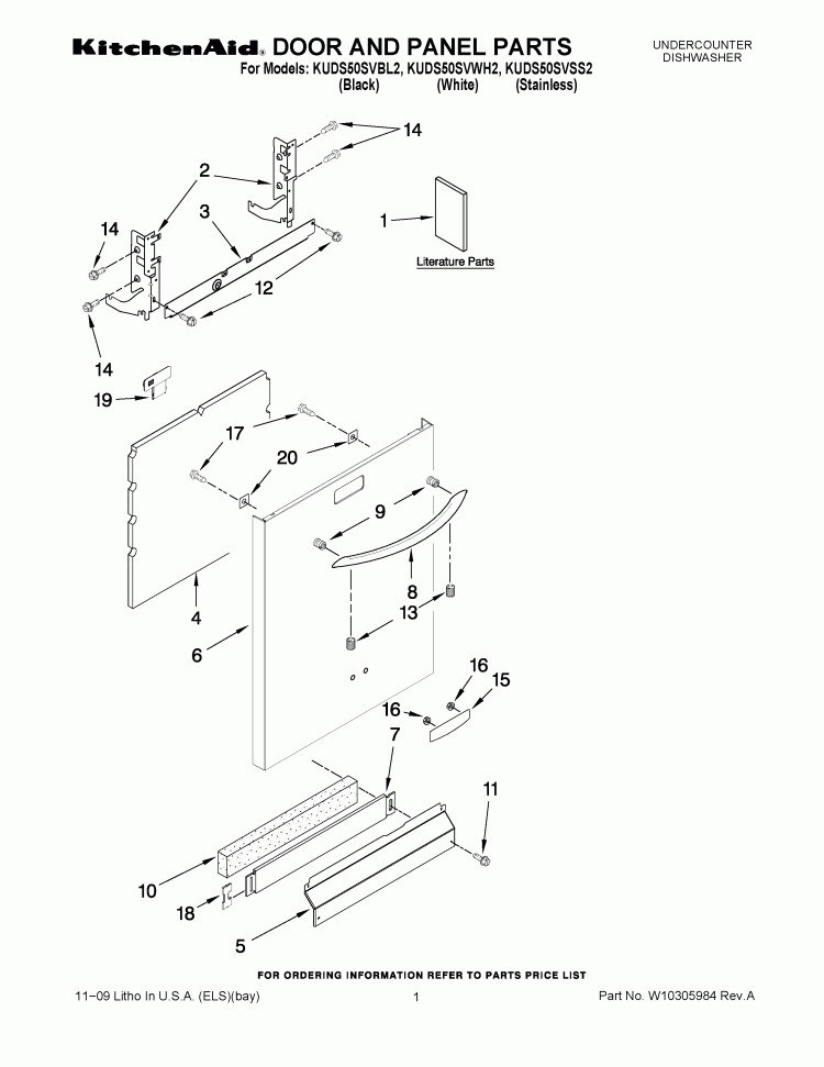 DOOR AND PANEL PARTS Diagram and Parts List for KUDS50SVBL2  KitchenAid Dishwasher